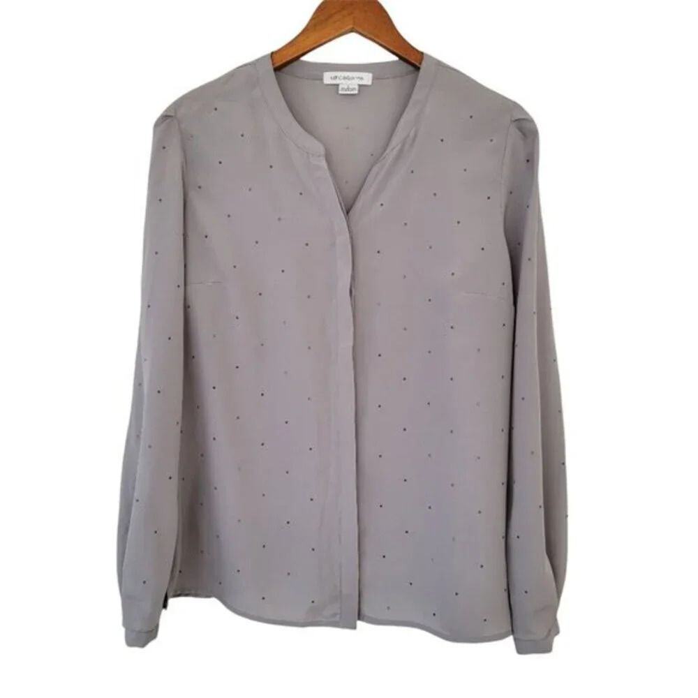 Liz Claiborne Gray Rhinestone Embellished Sheer Blouse Womens Size L